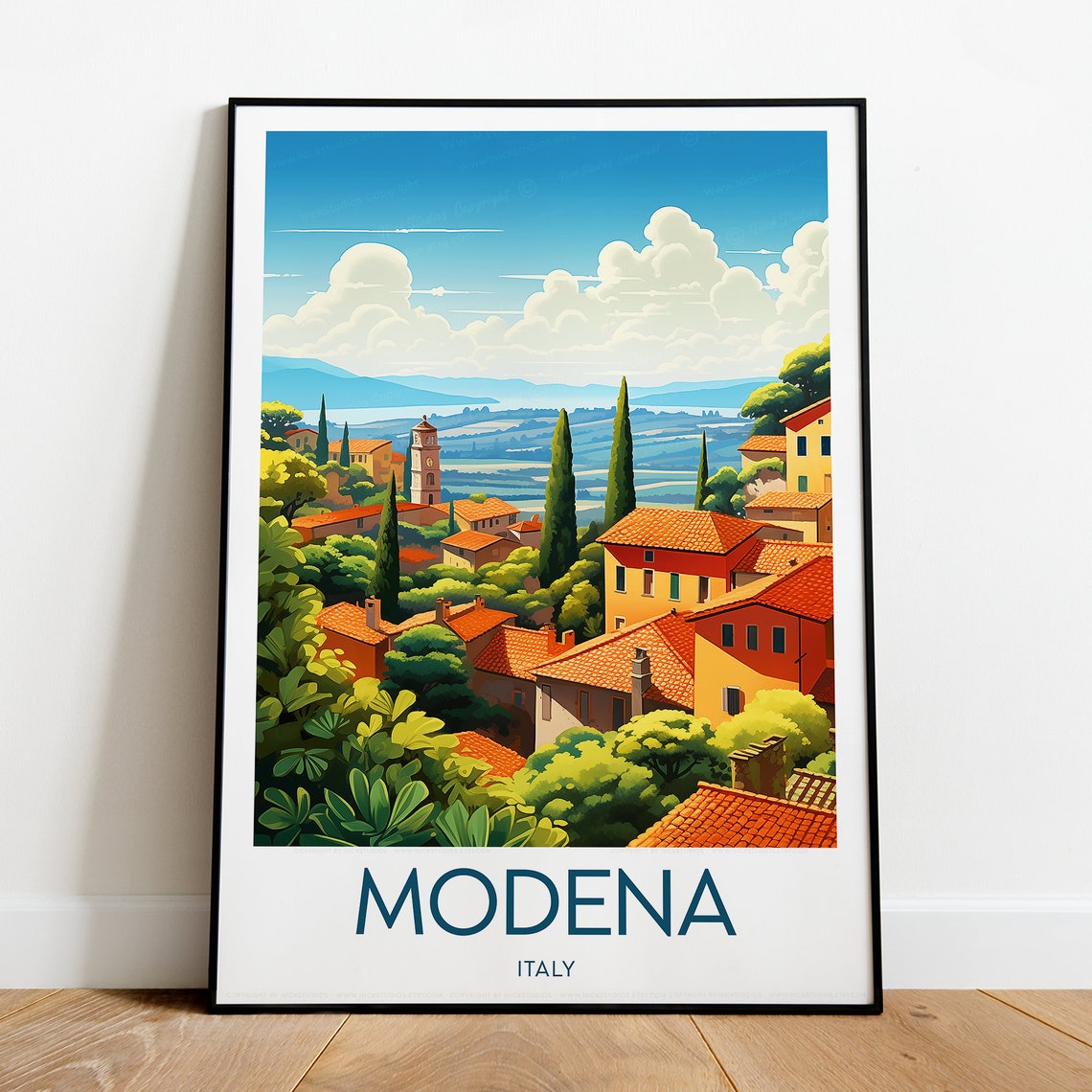 Modena Italy Travel Poster Terracotta Rooftop Hillside Village View - Image 2