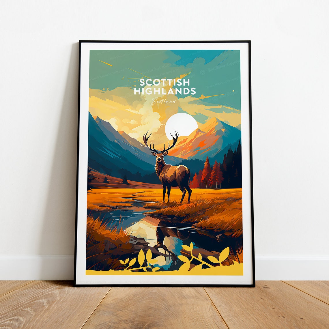 Scottish Highlands Red Deer Mountain Stream Golden Hour Poster - Image 2
