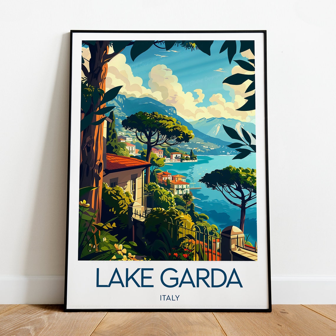 Lake Garda Italy Mountain Lake Villas Cypress Trees Sunset Poster - Image 2
