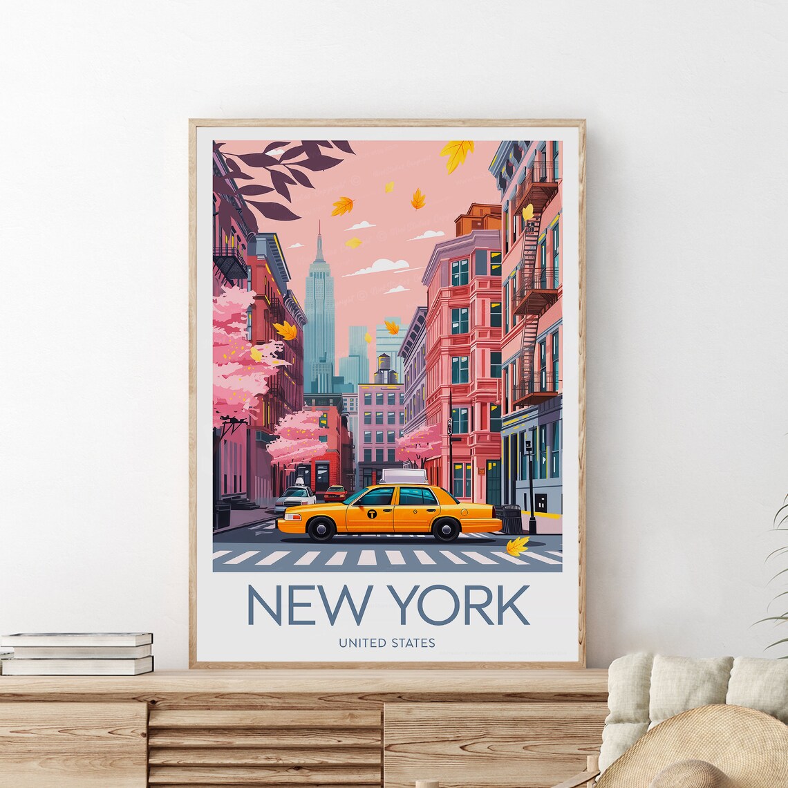 New York City Yellow Taxi Empire State Autumn Street Travel Poster