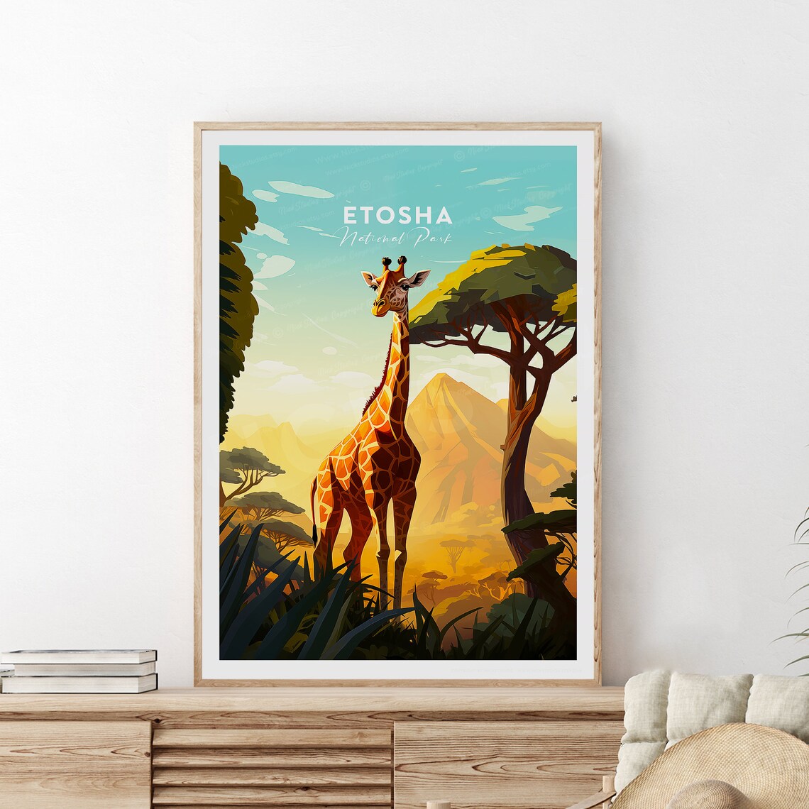 Etosha National Park Giraffe Savanna Sunrise Wildlife Travel Poster