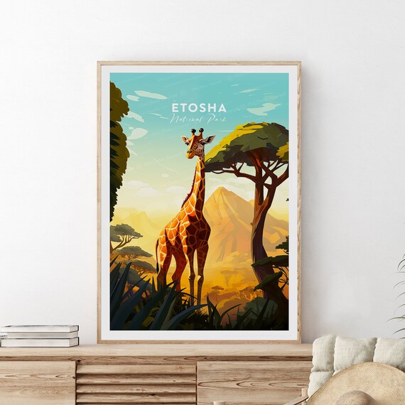 Etosha National Park Giraffe Savanna Sunrise Wildlife Travel Poster