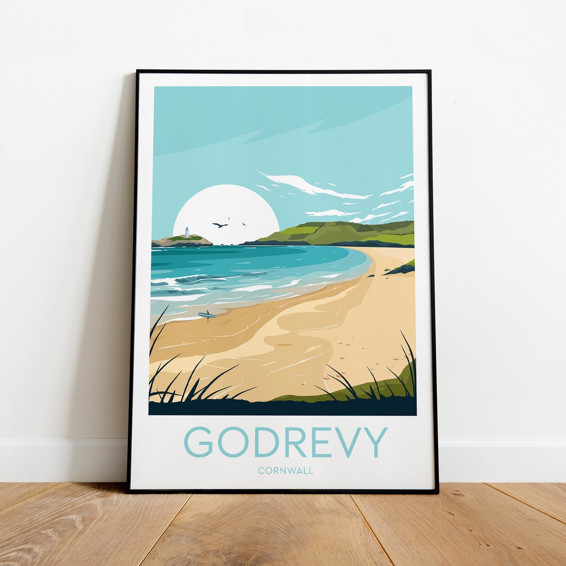 Golden Hour Godrevy Cornwall Lighthouse Beach Surf Scene Poster