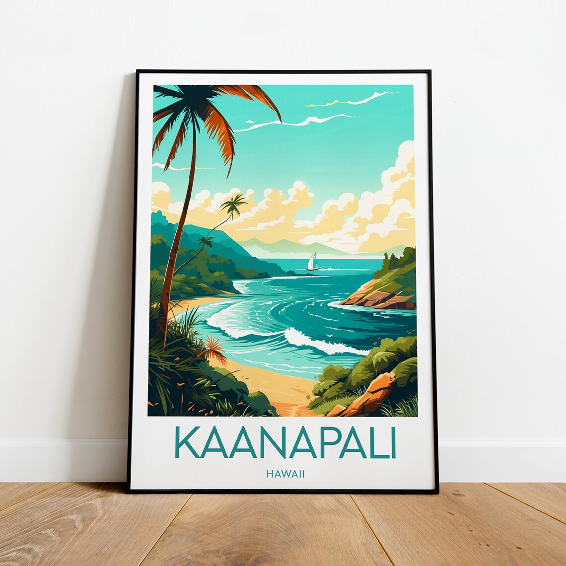 Kaanapali Hawaii Palm Beach Cove Sailboat Tropical Travel Poster - Image 2