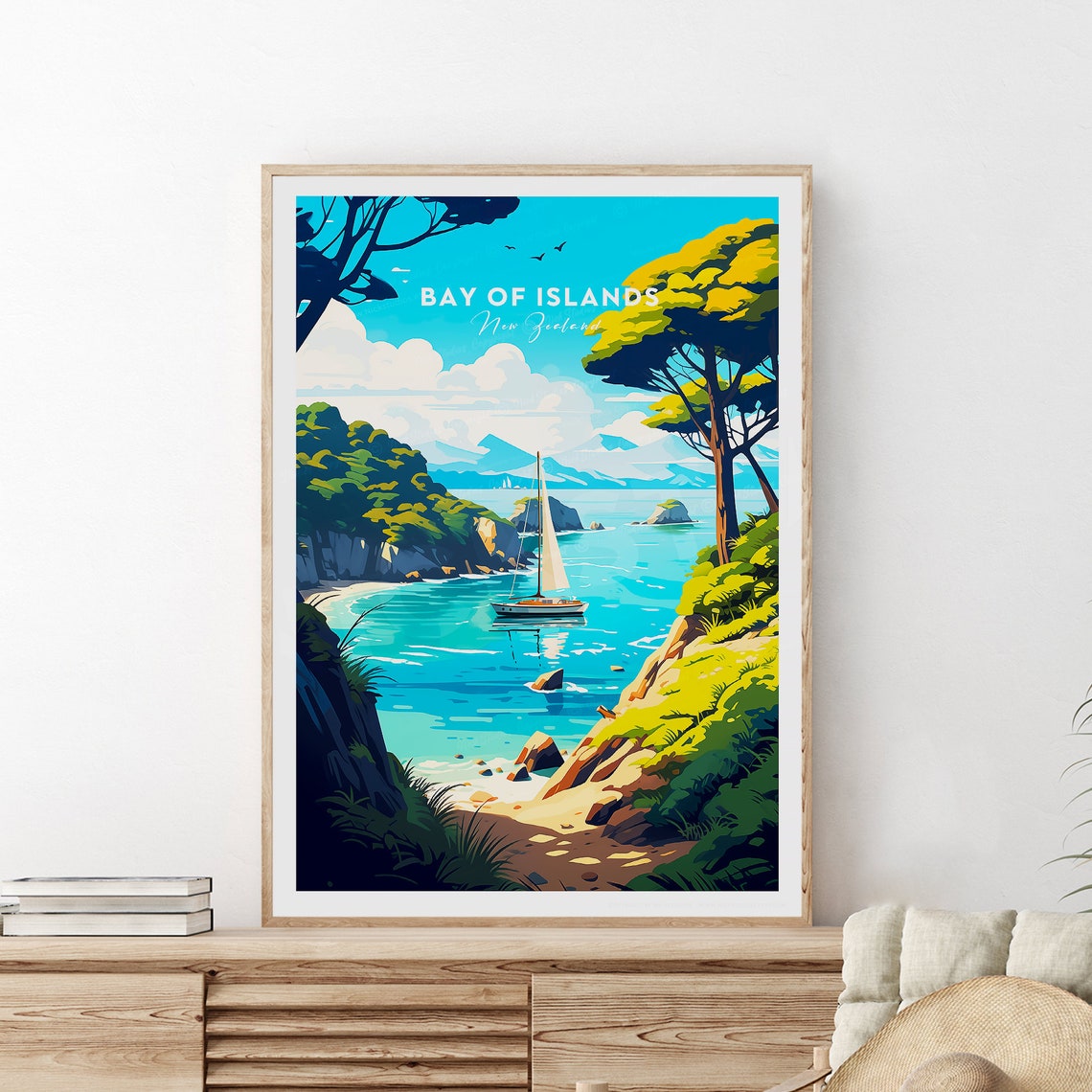Bay Of Islands Traditional Travel Print New Zealand Bay Of Islands Island Poster Wedding Gift Birthday