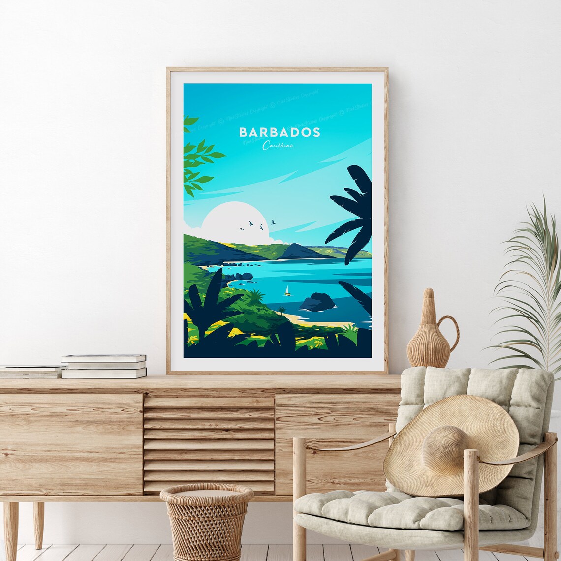 Barbados Caribbean Tropical Cove Palm Silhouette Moon Poster - Image 2