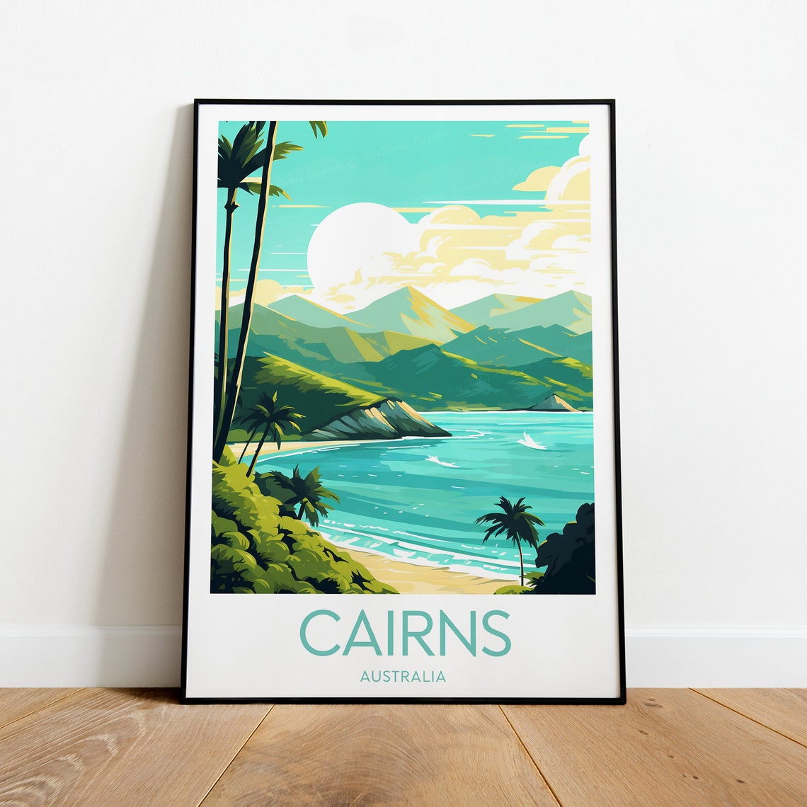 Cairns Australia Tropical Beach Palm Mountain Bay Scene Poster - Image 2