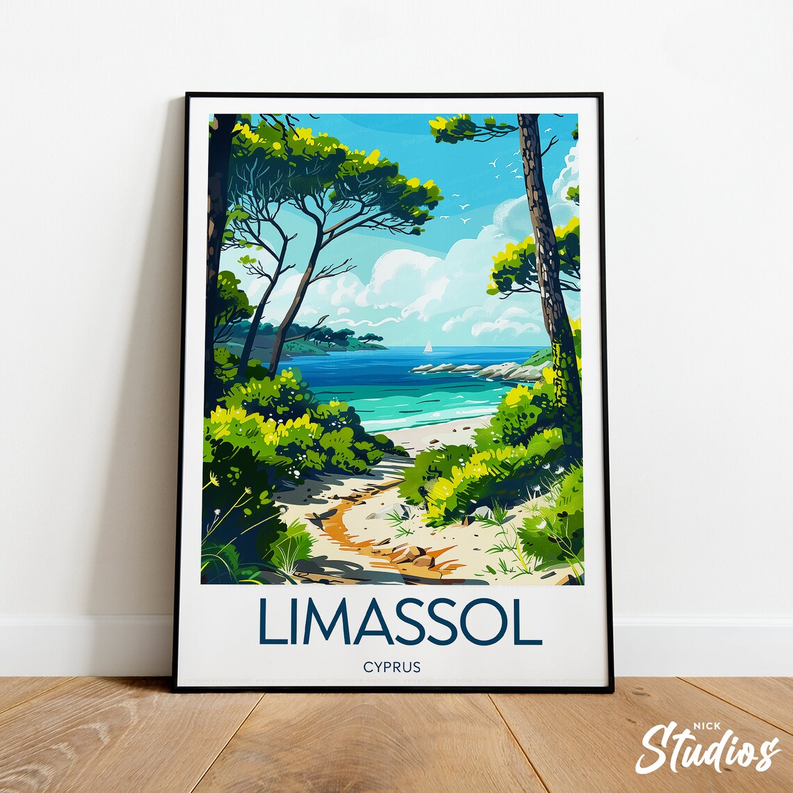 Limassol Cyprus Pine Trees Beach Cove Coastal Vintage Travel Poster
