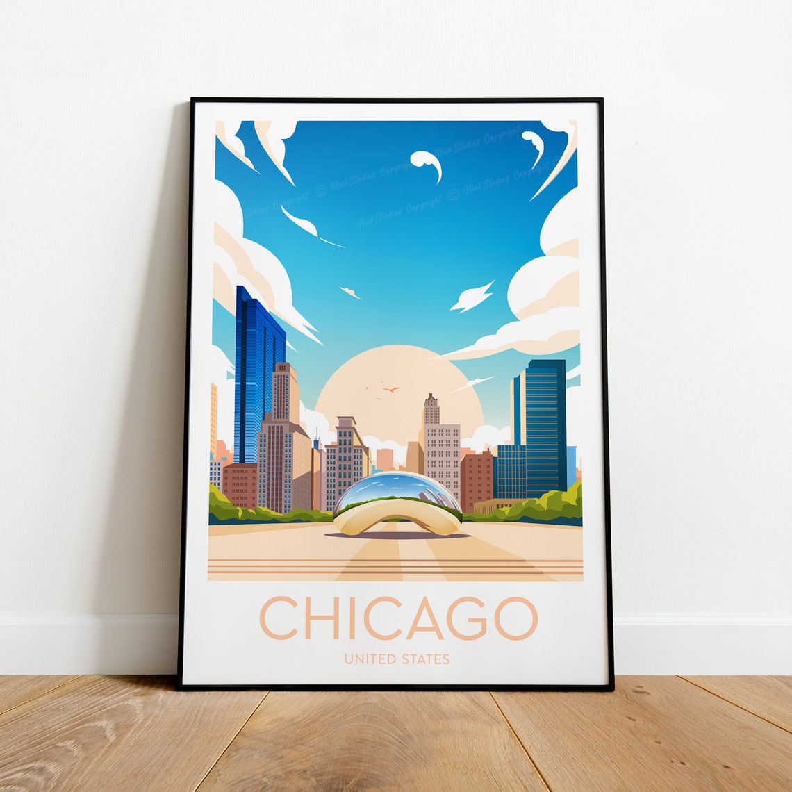 Chicago Millennium Park Cloud Gate Skyline Daytime Travel Poster
