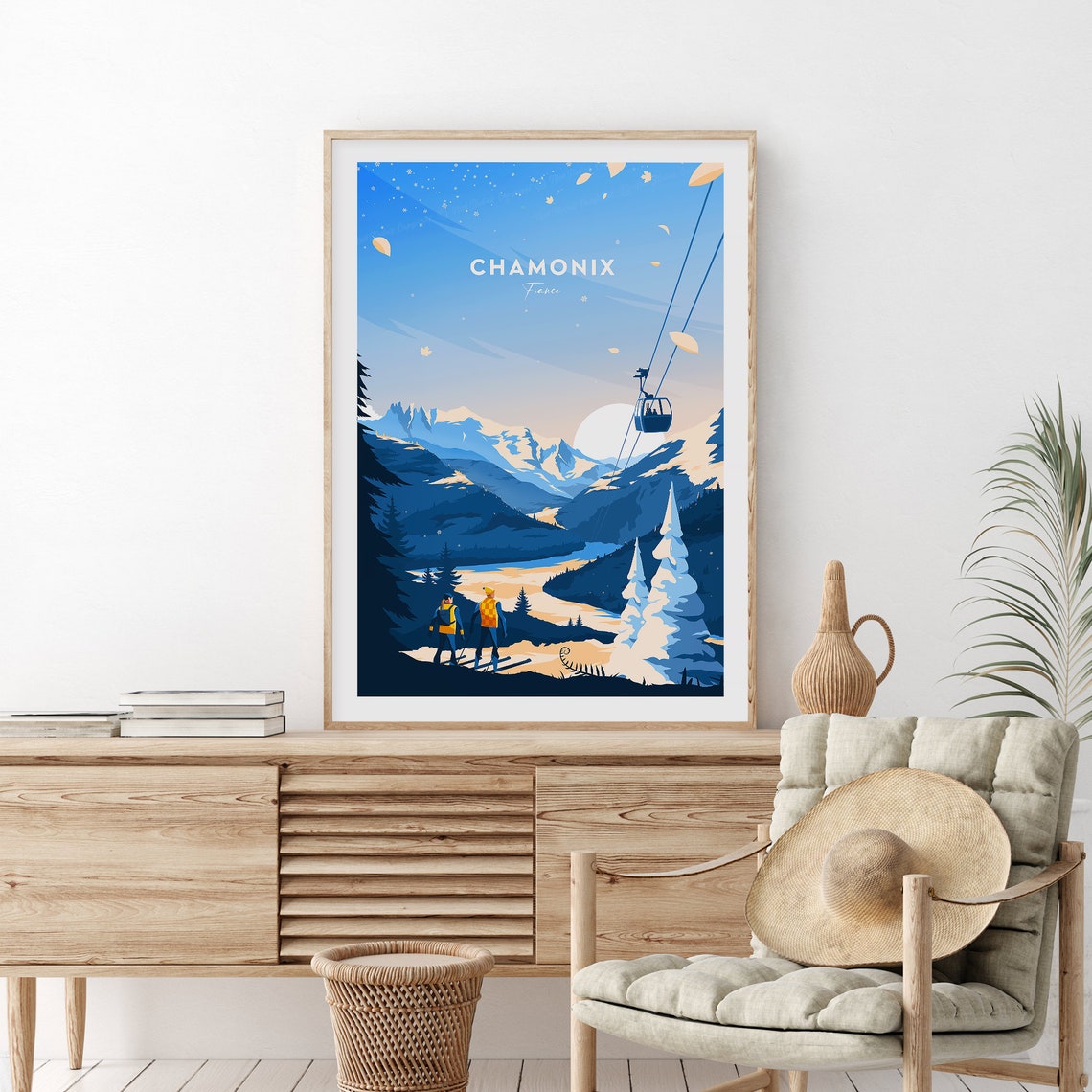 Chamonix French Alps Winter Ski Resort with Gondola at Dusk Poster