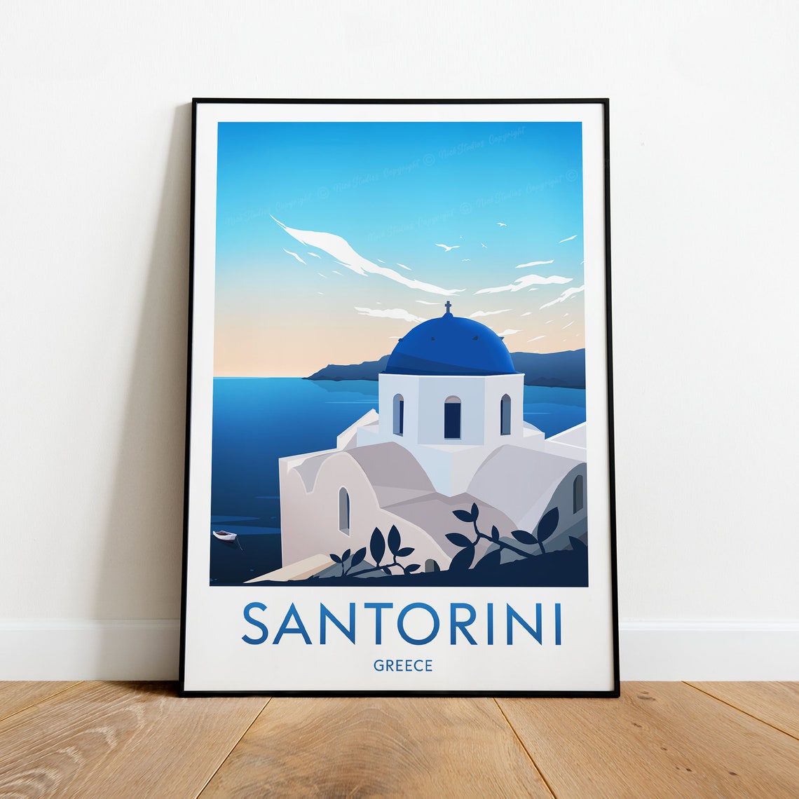 Santorini Greece Blue Domed Church Aegean Island Seascape Poster