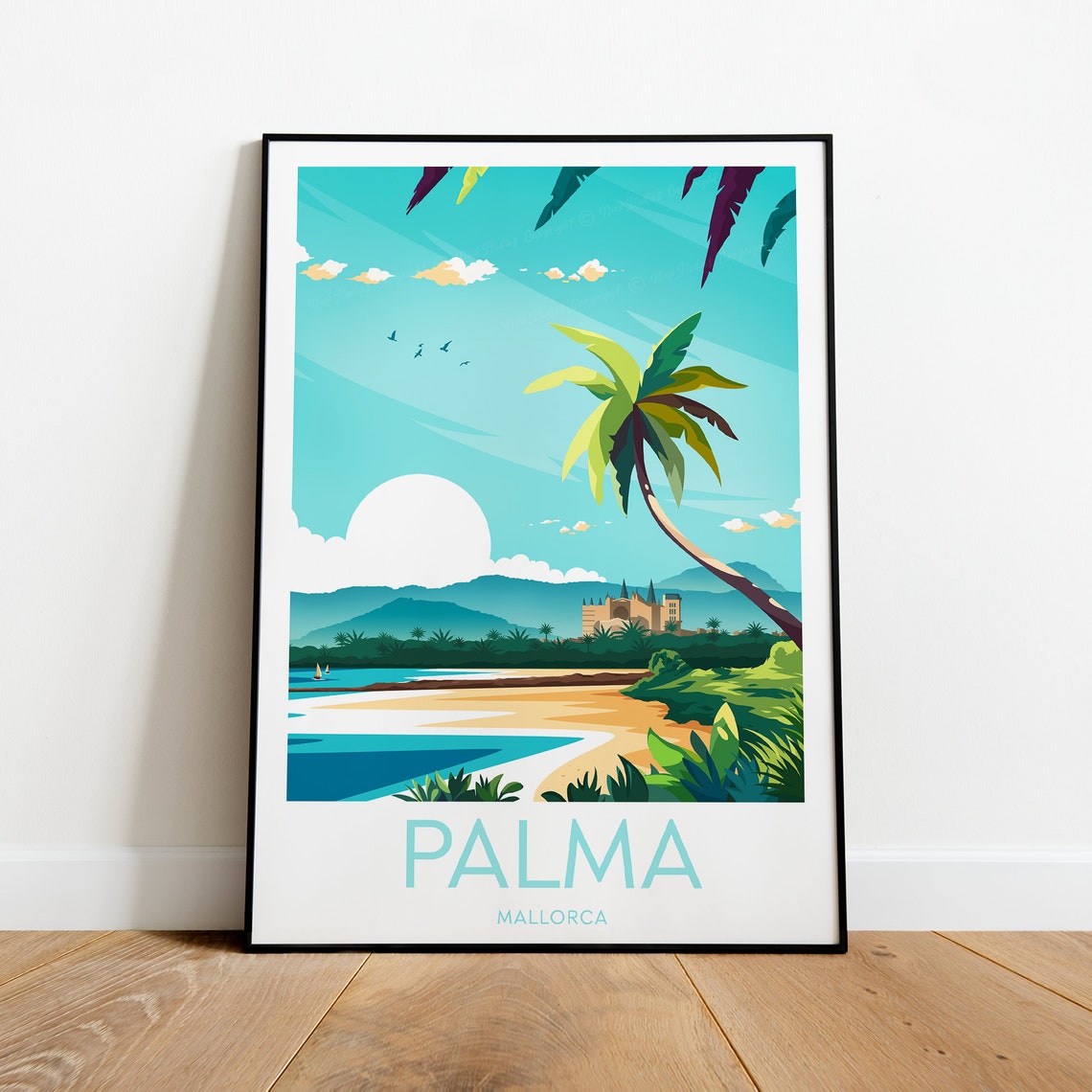 Palma Mallorca Tropical Beach Palm Trees Distant Castle Travel Poster - Image 2
