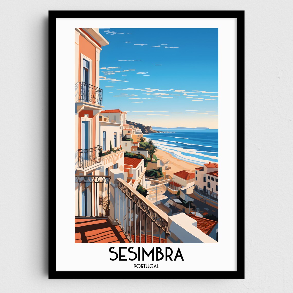 Sesimbra Portugal Seaside Town Balcony Beach View Travel Poster
