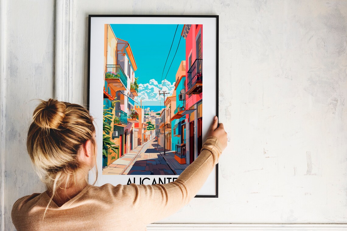 Alicante Spain Colorful Old Town Balconies Sunlit Street Travel Poster - Image 2