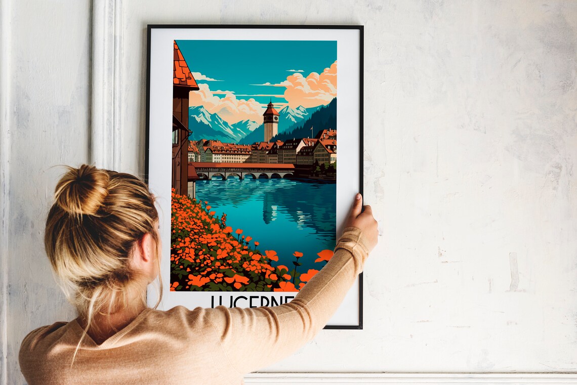 Lucerne Switzerland Chapel Bridge Tower Alpine Lake View Travel Poster - Image 2