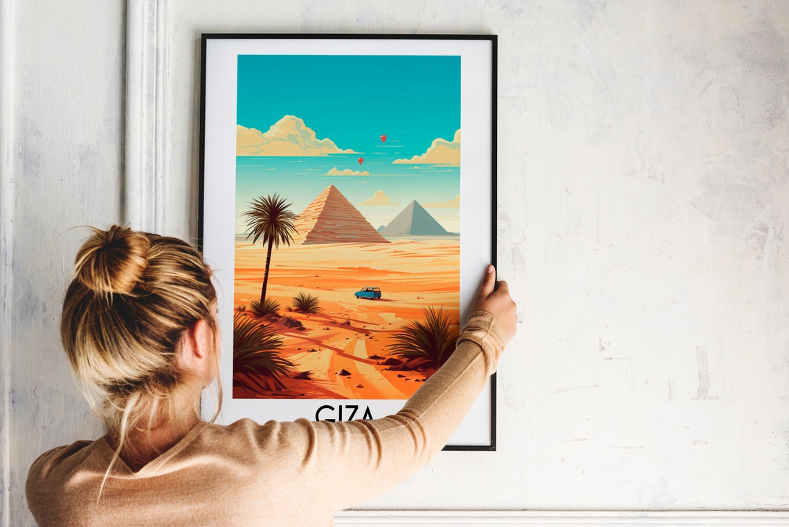 Giza Egypt Pyramids with Palm Tree and Desert Road Travel Poster - Image 2