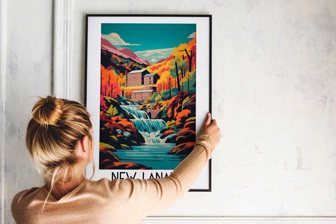 New Lanark Scotland Waterfall Mill Autumn Forest Vintage Travel Poster - Image 2