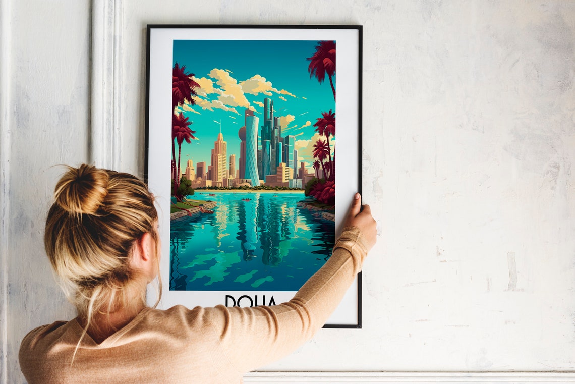 Doha Modern Skyline Water Reflection Palms Qatar Vintage Travel Poster - Image 2