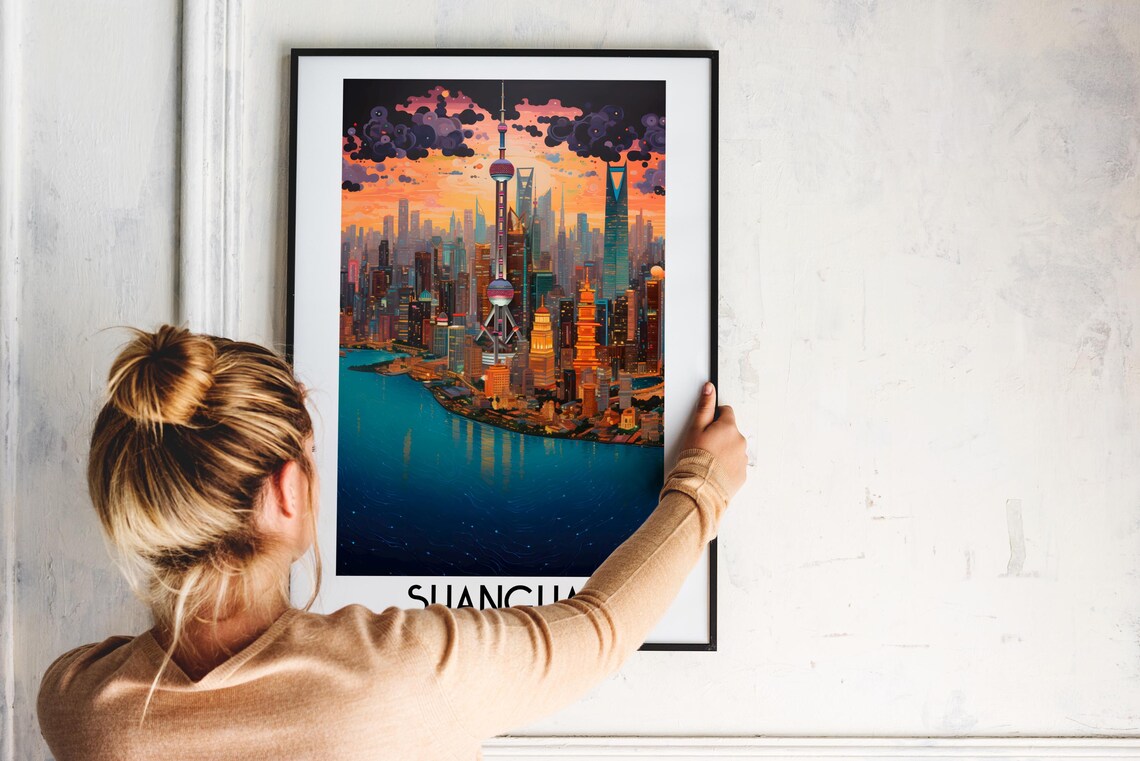 Shanghai China Night Oriental Pearl Tower Skyline River Travel Poster - Image 2