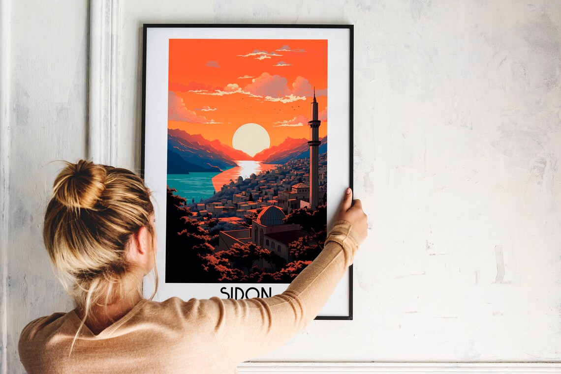 Sidon Lebanon Sunset Harbor Minaret Retro Coast Travel Poster - Image 2