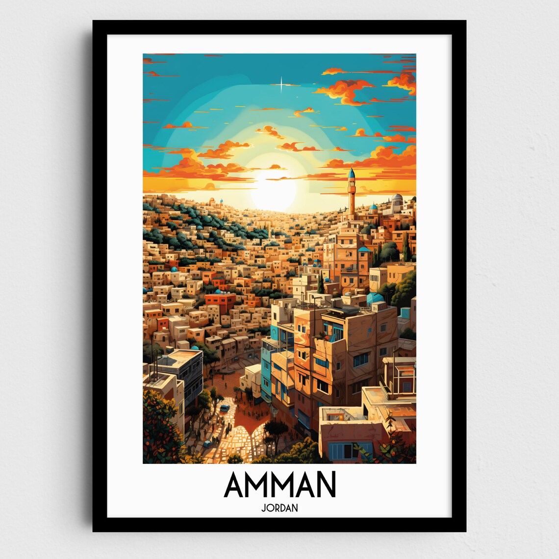 Amman Old City Minaret Sunset Streets Jordan Travel Art Poster