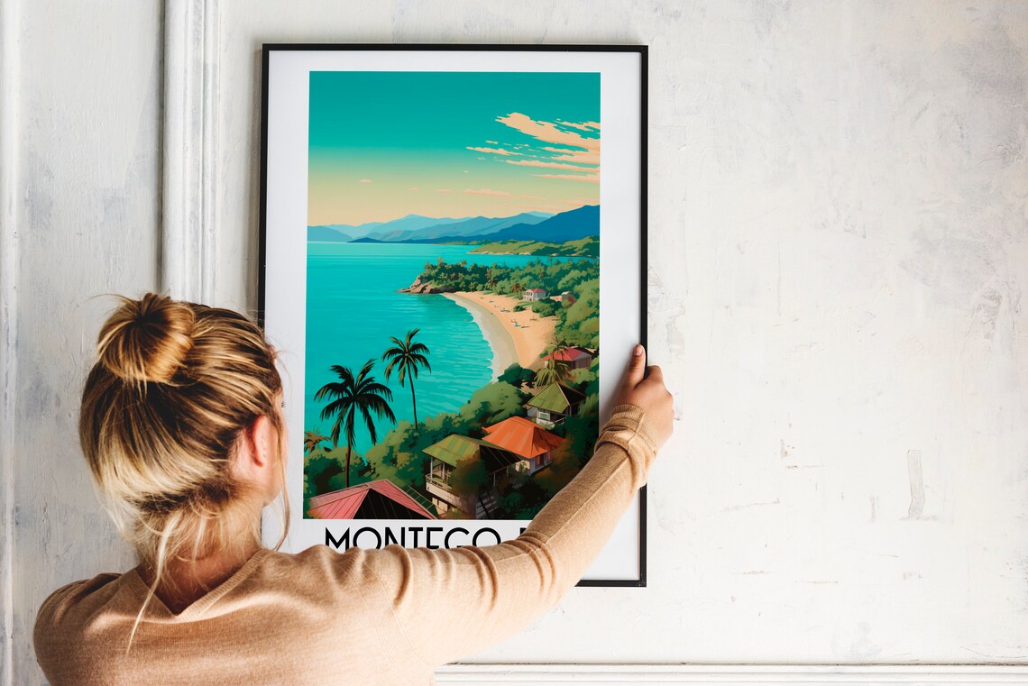 Montego Bay Palm Beach Turquoise Cove Jamaica Caribbean Travel Poster - Image 2