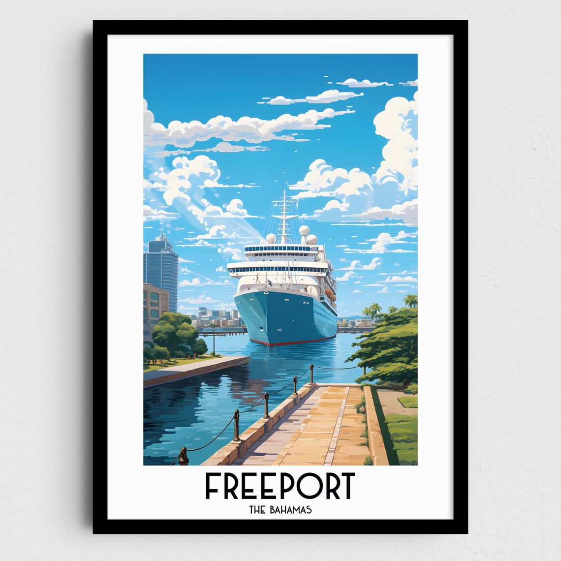 Freeport Bahamas Sunny Cruise Ship Harbor Vintage Travel Poster