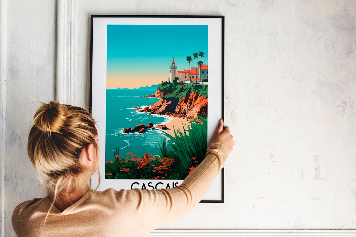 Cascais Portugal Coastal Cliffs Lighthouse Turquoise Sea Travel Poster - Image 2