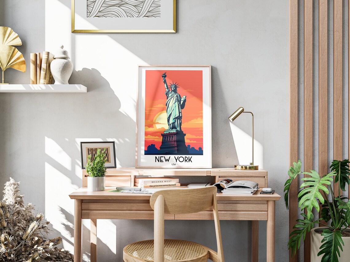 New York USA Statue of Liberty Sunset Vintage Travel Art Poster - Image 3