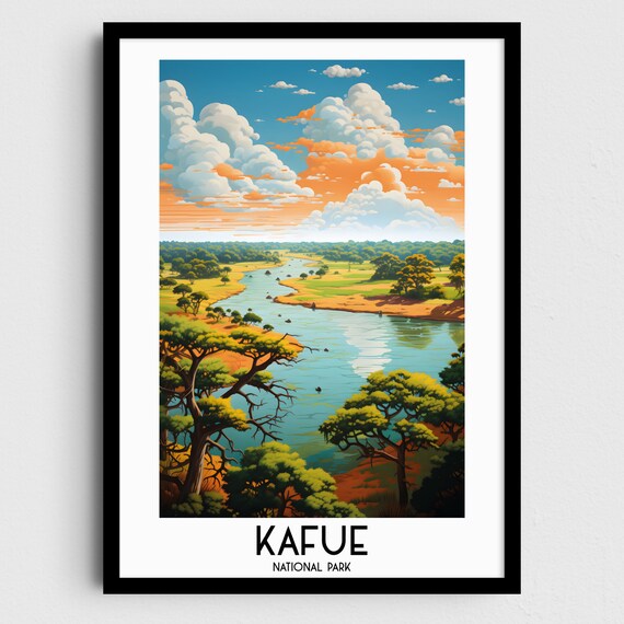 Kafue River Winding Savanna Dramatic Sunset Sky National Park Travel Poster