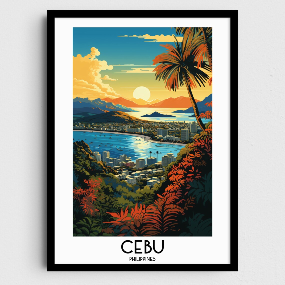 Cebu Philippines Sunset Bay City Skyline Tropical Travel Poster