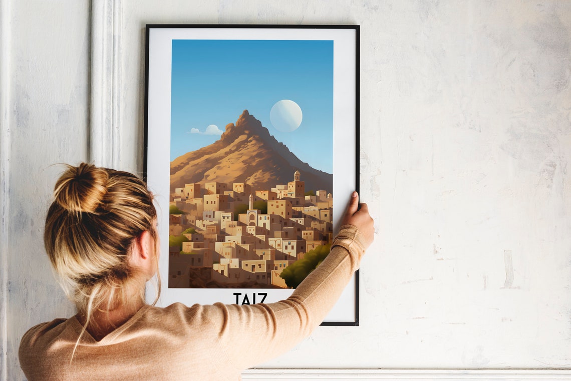 Moonlit Taiz Yemen Desert Town Beneath Rugged Mountain Poster - Image 2
