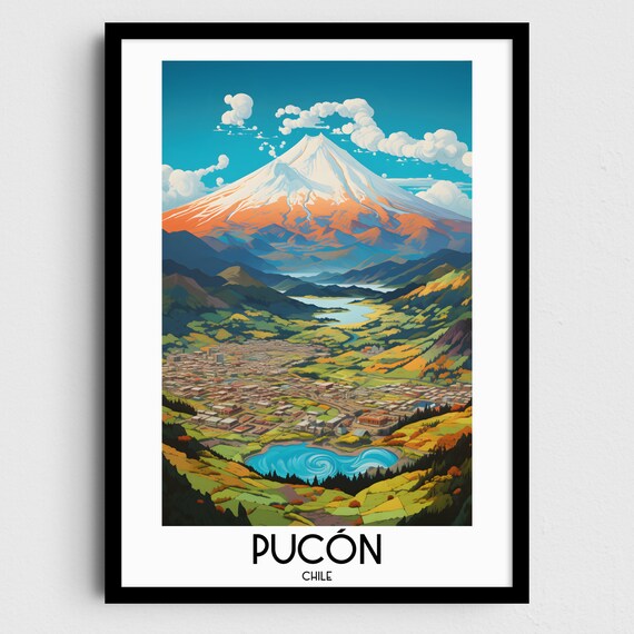 Pucon Chile Villarrica Volcano and Lake Town Valley Travel Poster