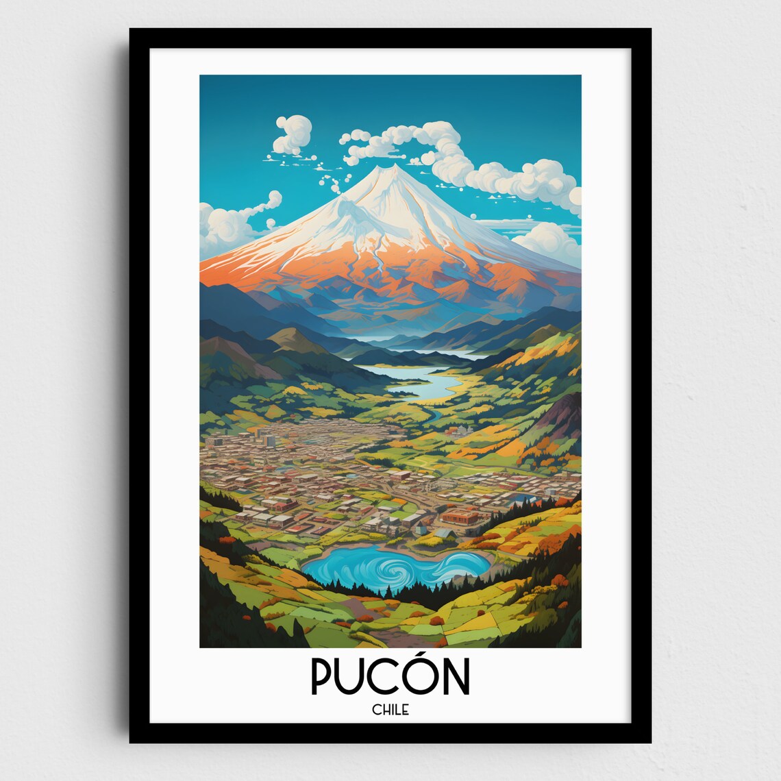 Pucon Chile Villarrica Volcano and Lake Town Valley Travel Poster