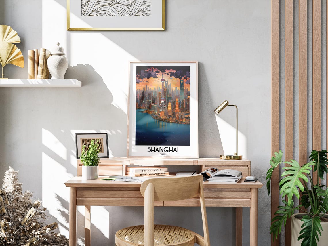 Shanghai China Night Oriental Pearl Tower Skyline River Travel Poster - Image 3