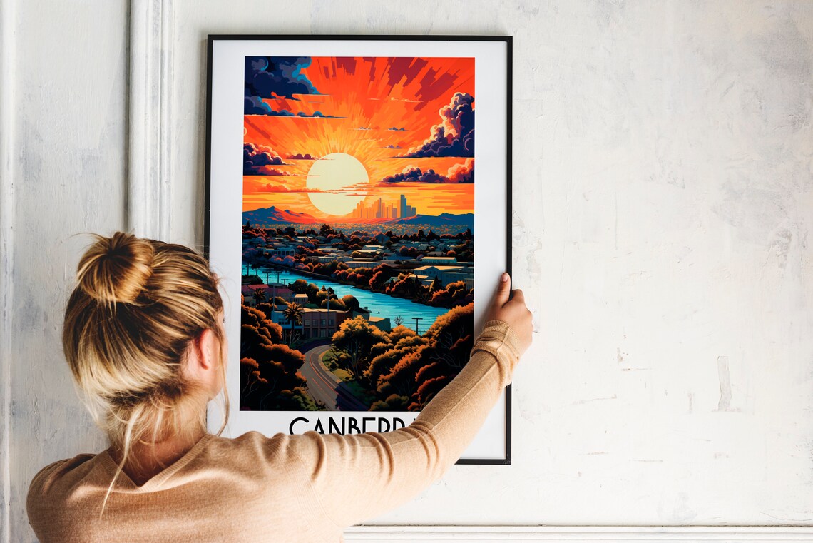 Canberra Golden Sunset Skyline River Australia Vintage Travel Poster - Image 2