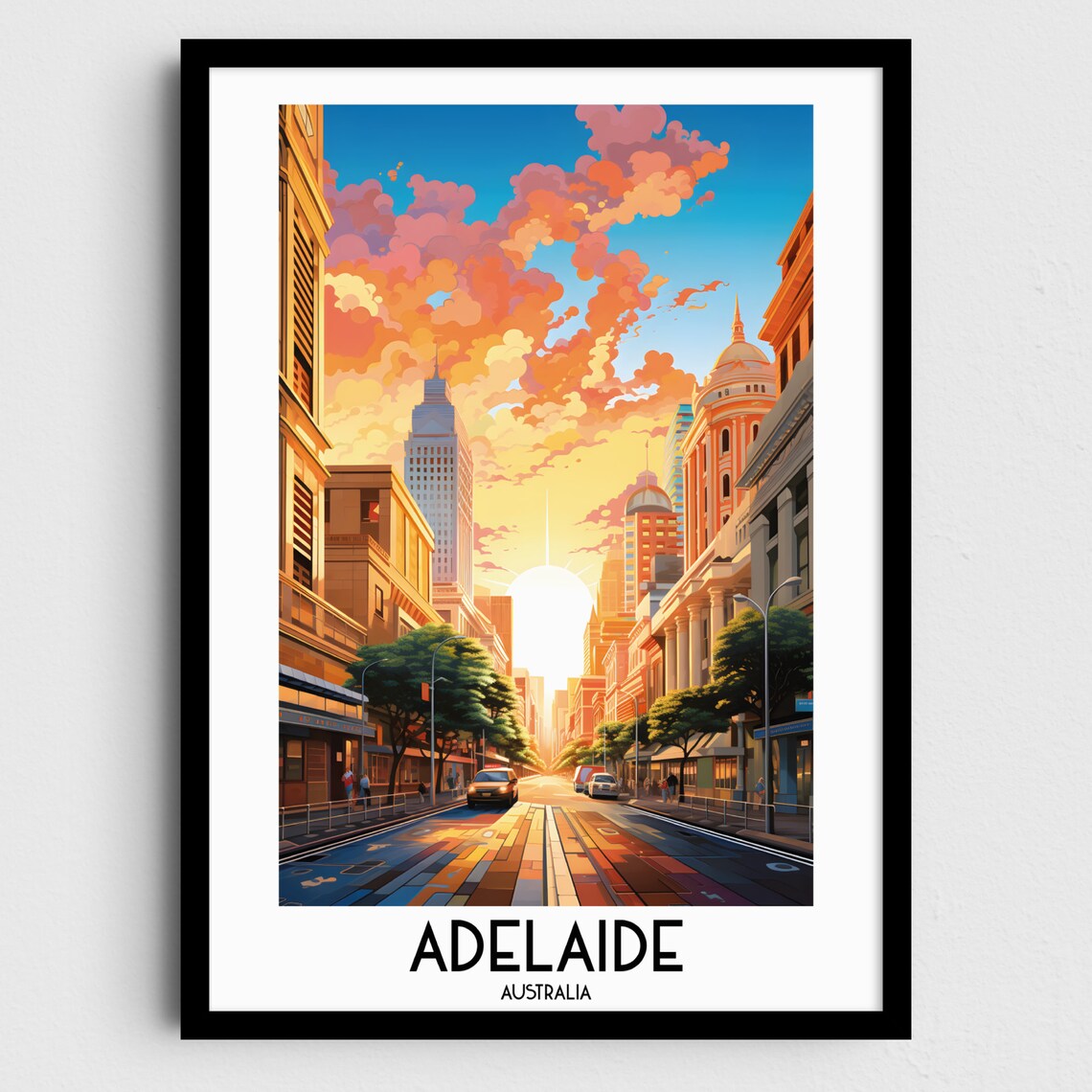 Adelaide Australia City Street Sunset Skyline Vintage Travel Poster