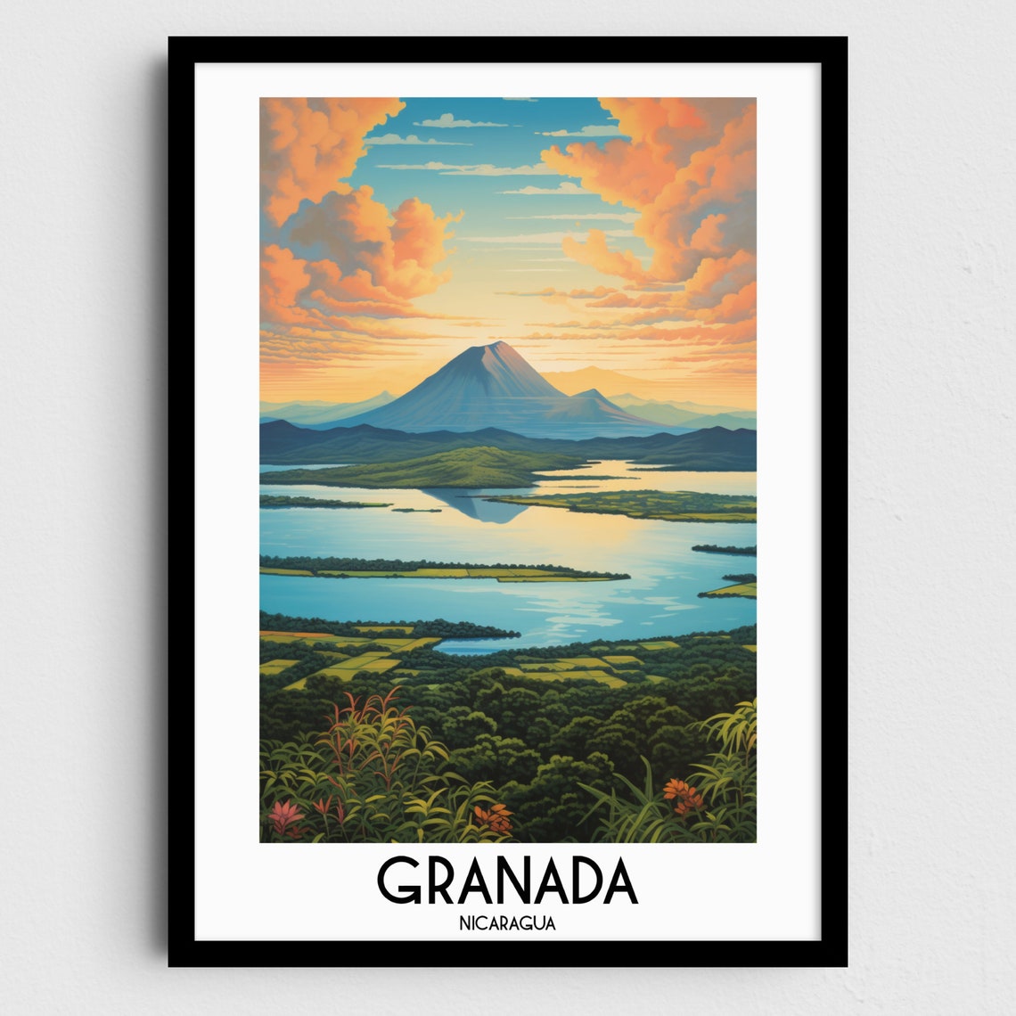 Granada Nicaragua Volcano Lake Sunset Retro Travel Poster Art
