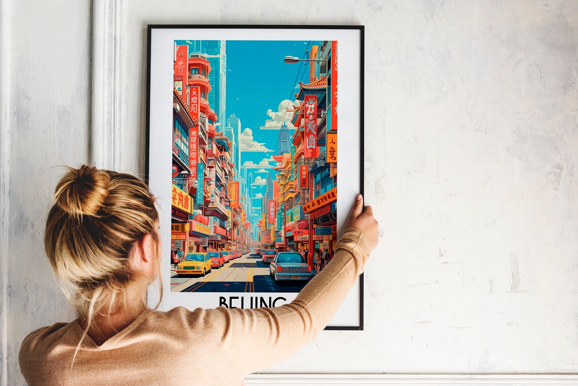 Beijing China Bustling Neon Lit Old Shopping Street Travel Poster - Image 2