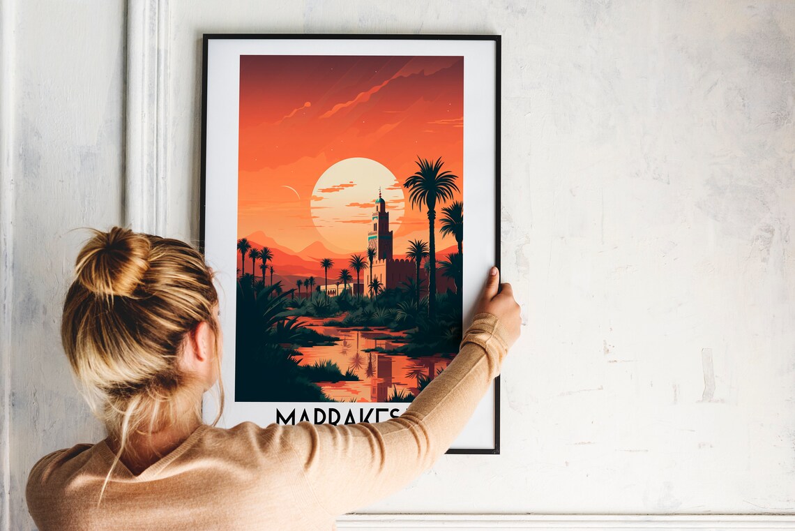 Marrakesh Morocco Minaret Palm Sunset Vintage Travel Art Poster - Image 2