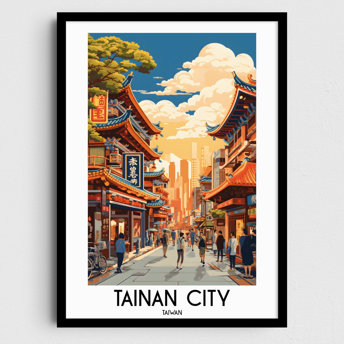Tainan City Taiwan Temple Street Heritage Vintage Travel Poster