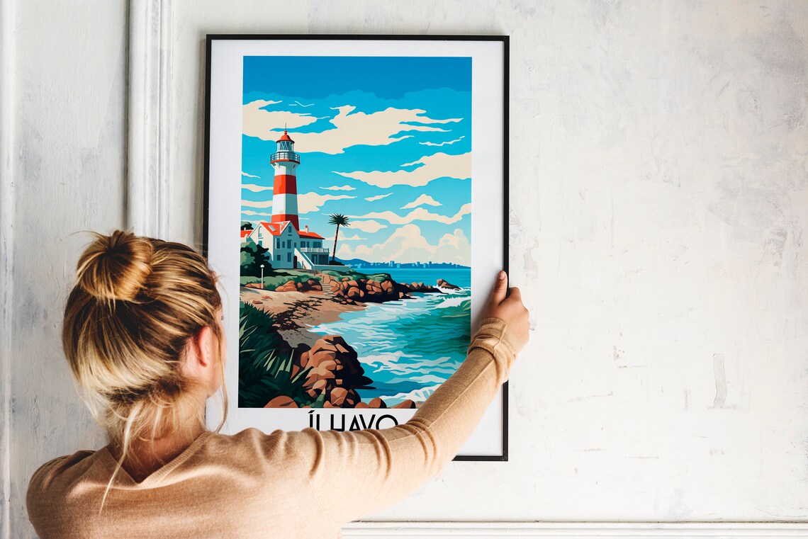 Ilhavo Portugal Striped Lighthouse Rocky Coast Vintage Travel Poster - Image 2