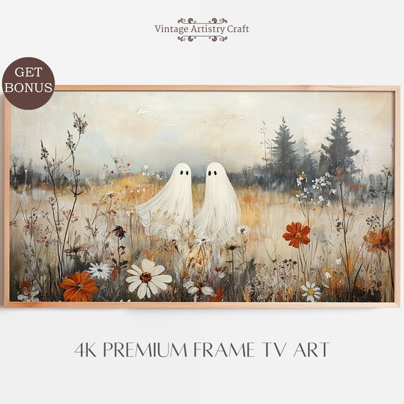 Cute Ghost Pair Autumn Wildflower Meadow Halloween Vintage Poster