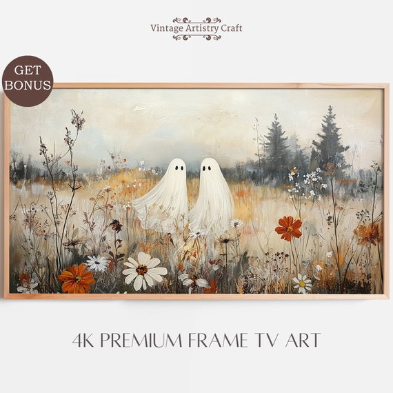 Halloween Frame Tv Art Cute Ghosts In Wildflower Field Vintage Fall Landscape Spooky Autumn Wall Decor 4k Painting