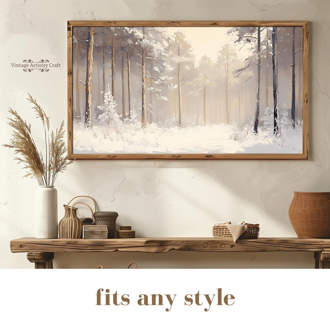 Misty Beige Snowy Pine Forest Calm Winter Wonderland Painting Poster - Image 8
