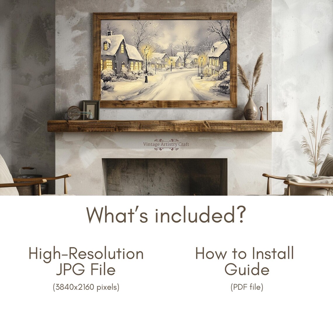 Snow Covered Village Street Glowing Lamps Night Winter Scene Poster - Image 6