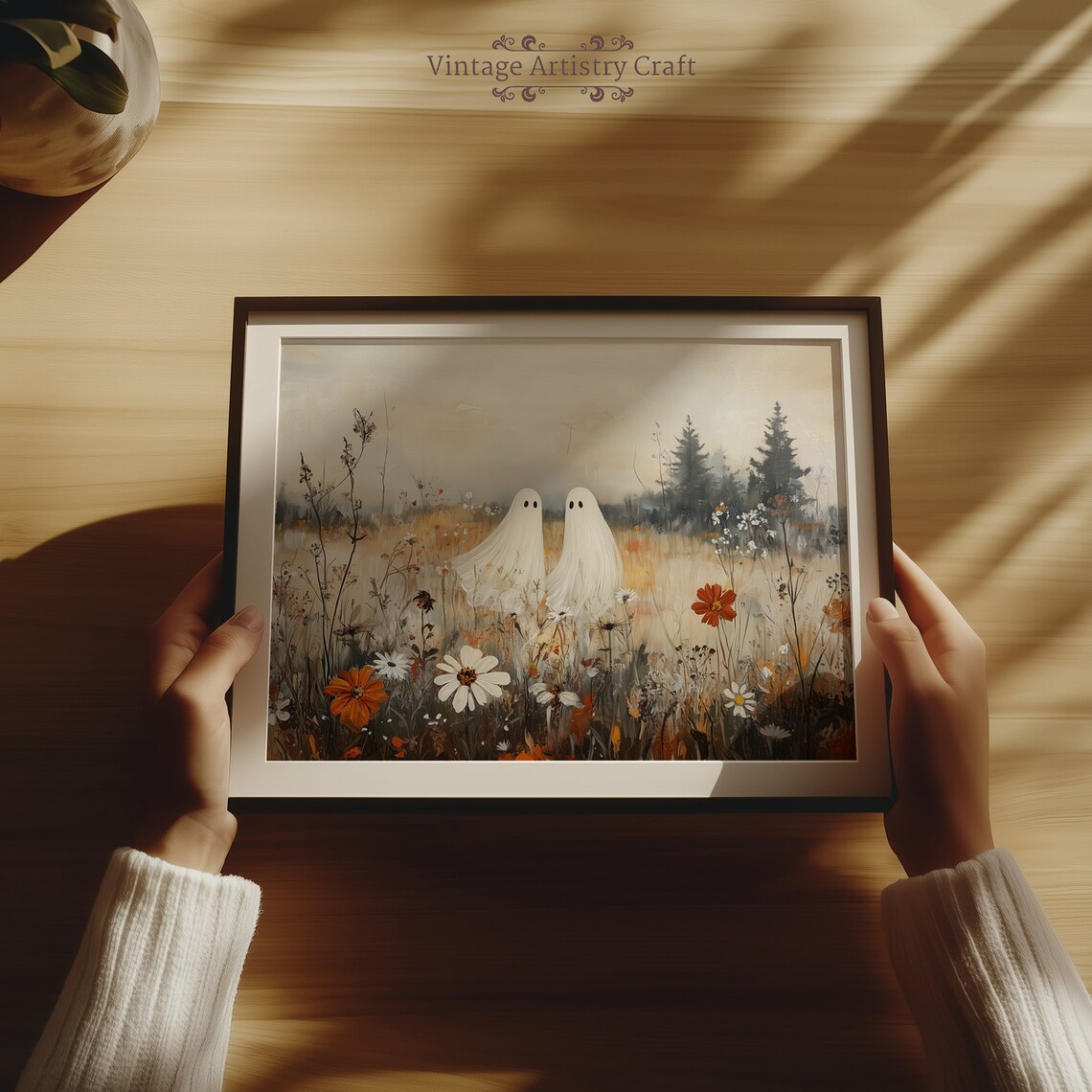 Ghost Pair Autumn Wildflower Field Halloween Vintage Painting Poster - Image 6
