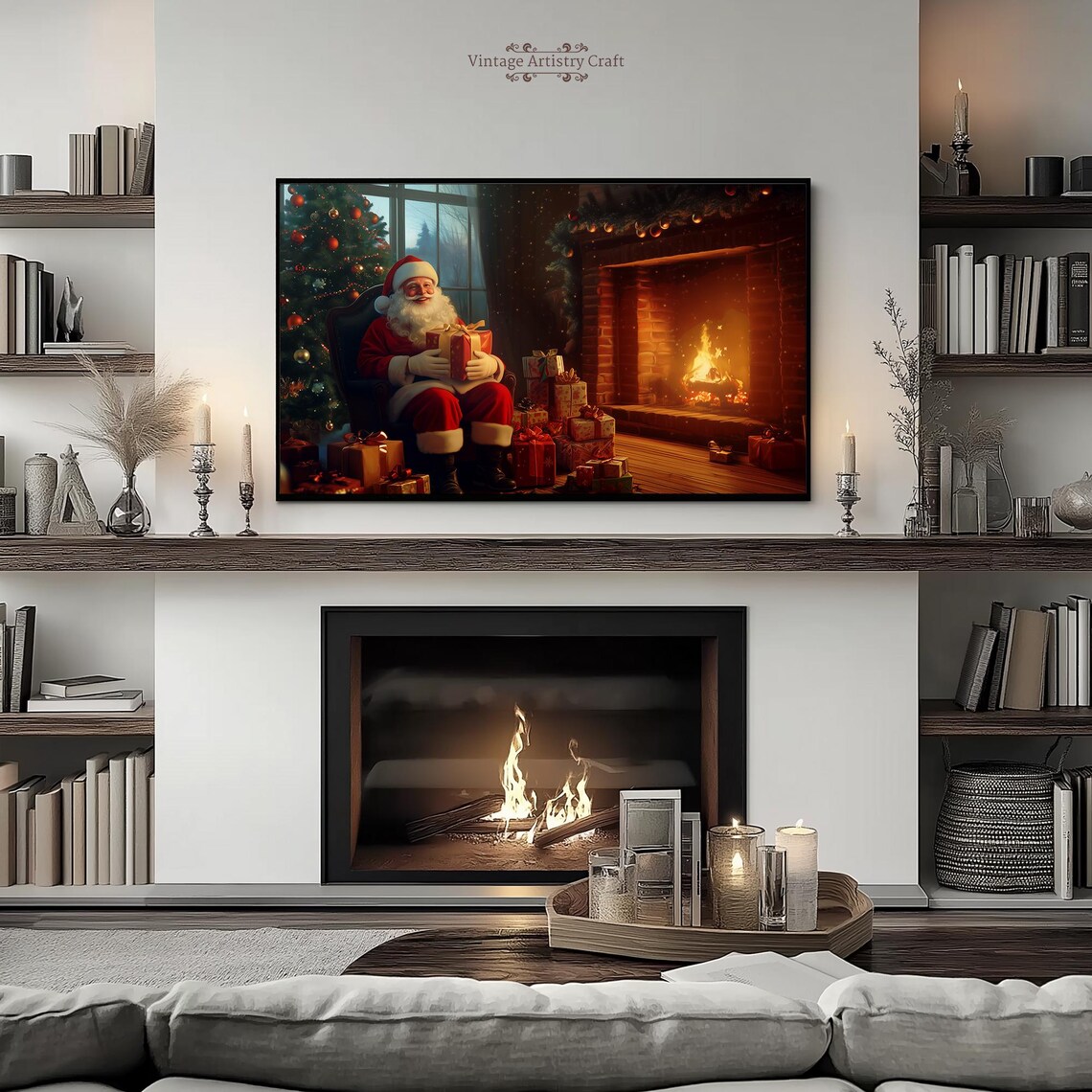 Winter Frame Tv Art Warm Cozy Christmas Fireplace Santa Gifts Moody Farmhouse Tv Decor Vintage Painting 4k Instant - Image 4