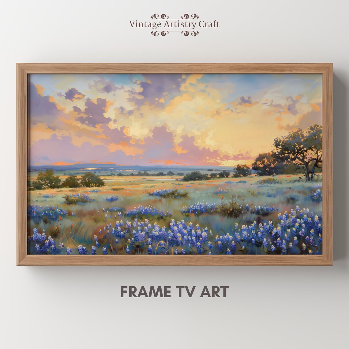 Bluebonnet Wildflower Meadow At Sunset Landscape Painting Poster