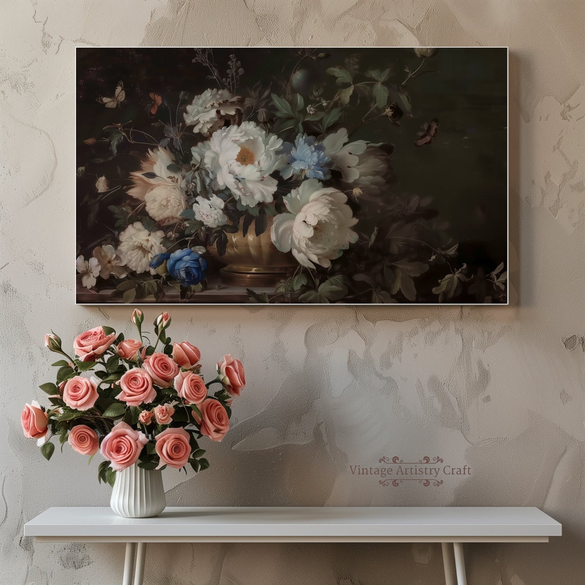 Frame Tv Art White Moody Flowers Moody Floral Tv Background Frame Tv Art Vintage Flower Still Life Farmhouse Painting Dark - Image 2